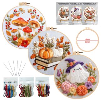 3 Pack Little Forest Series Embroidery Kits for New Year with 1 Hoop, Color Threads, Needles Craft for Beginners 6inch