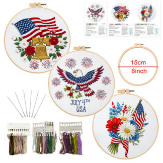 Feltsky 3 Pack American Flag Embroidery Kit for Beginners, Patriotic DIY Craft Set with 1 Piece 6 inch Hoop, Pre-Printed Fabric, Threads & Needles, Easy Starter Embroidery Kits for Adults & Kids