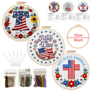 Feltsky 3 Pack American Theme Embroidery Kit for Beginners, 6 Inch USA Style DIY Craft Set with 1 Hoop, Pre-Printed Fabric, Threads & Needles, Easy Starter Kit for Adults Kids