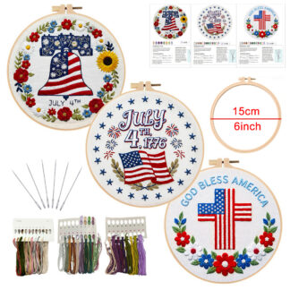 Feltsky 3 Pack American Theme Embroidery Kit for Beginners, 6 Inch USA Style DIY Craft Set with 1 Hoop, Pre-Printed Fabric, Threads & Needles, Easy Starter Kit for Adults Kids