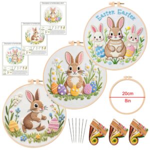 3 Pack Easter Bunny Embroidery Kits with 1 Hoop, Color Threads, Needles, Instruction, Full DIY Materials for Beginners 8inch