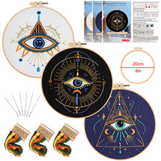 Feltsky 3 Pack Mystic Eye Embroidery Kit for Beginners, Boho DIY Craft Set with 8 inch Hoop, Pre-Printed Fabric, Threads & Needles, Easy Starter Kit for Adults